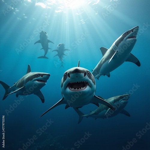 The image shows a group of great white sharks