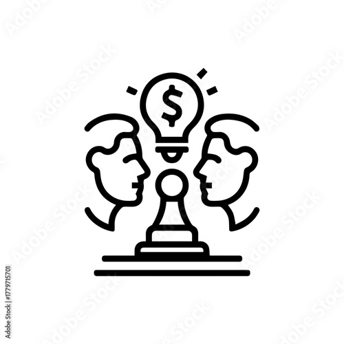 Two men brainstorming with an idea light bulb and chess pawn. Strategy business process concept. Outline style vector icon for website design, app, logo