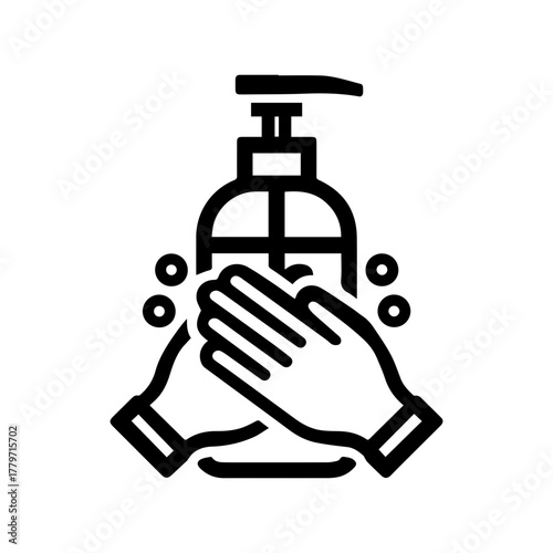 Hand washing with soap dispenser and bubbles, hygiene and sanitation concept, healthcare symbol. Outline vector icon for application, website design