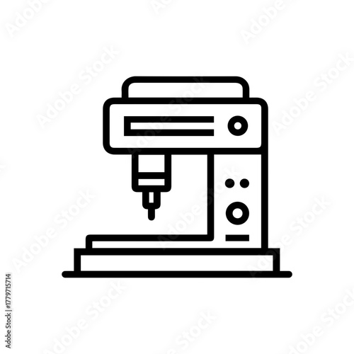 Automated milling machine with a drill bit. CNC technology for manufacturing. Outline vector icon for website, app, infographic design