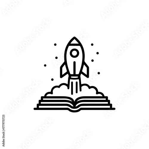 Rocket taking off from an open book, symbolizing education, knowledge, and startup growth. Outline vector icon for learning design