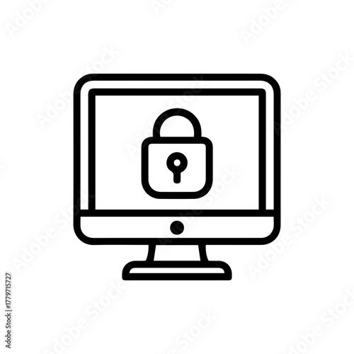 Computer monitor with lock icon. Online data protection and digital security concept. Outline vector symbol for website, app, interface