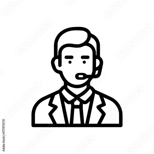 Man working as a call center operator with headset. Customer support, contact us, and assistant concept. Simple line vector icon