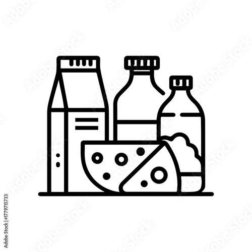 Dairy product icon with cheese, carton, milk bottle. Organic healthy food concept. Vector graphic for healthy diet design