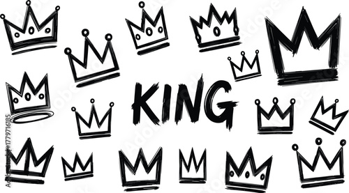 Hand drawn crown doodle set with king lettering, royal sketch symbols collection for leadership, luxury, power, monarchy, graffiti style vector illustration