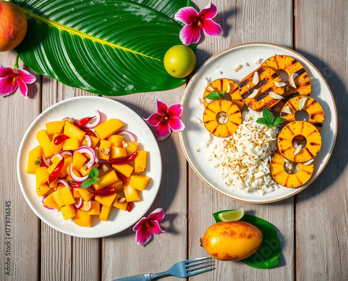 Tropical Fruit Salad and Grilled Pineapple with Rice