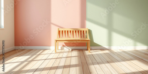 Wooden Bench in Sunlit Room with Pastel Walls furniture