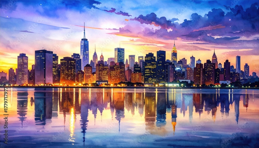 Fototapeta premium City skyline at sunset reflected in calm water symbolizing urban beauty, modern lifestyle, and the balance between nature and architecture