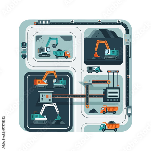 Illustration of a mining operation, showing excavators, trucks, and processing equipment in a schematic layout.
