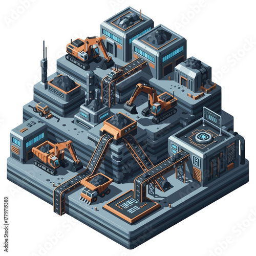 Isometric illustration of a modern mining and processing plant with heavy machinery and conveyor belts.