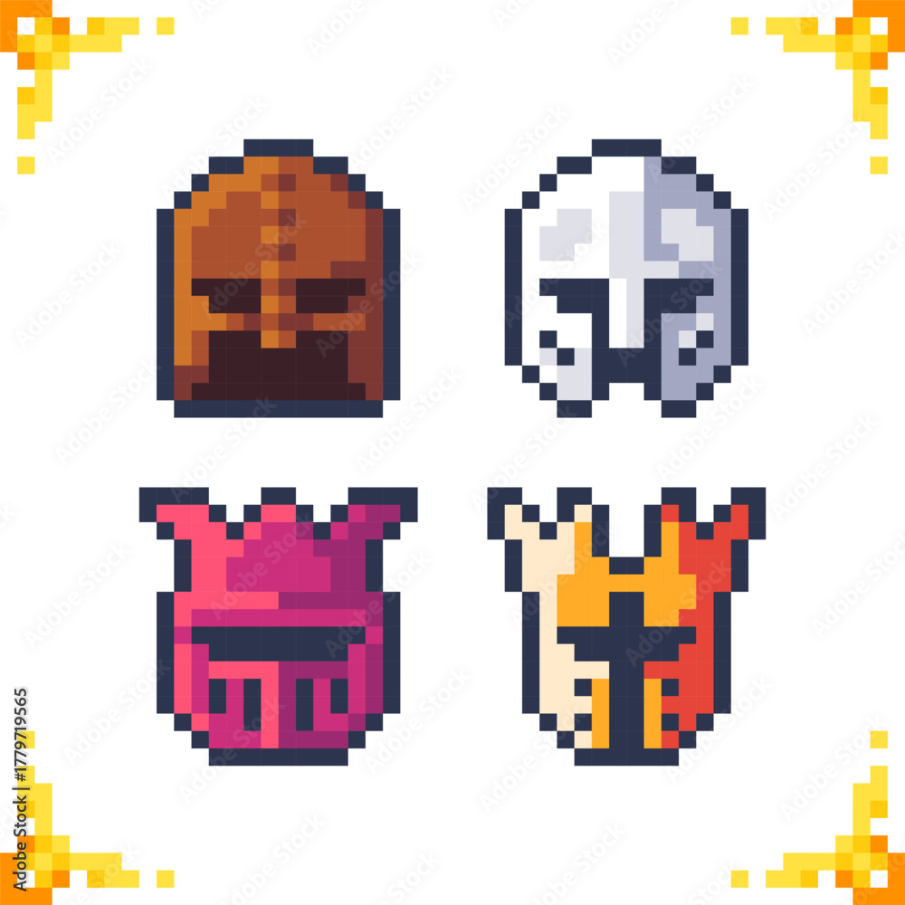 Obraz premium A set of pixel art icons of knight helmets. Levels of upgrades from leather to legendary. Perfect for a 2D RPG game. 16x16 pixels.