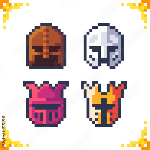 A set of pixel art icons of knight helmets. Levels of upgrades from leather to legendary. Perfect for a 2D RPG game. 16x16 pixels.