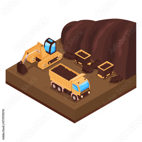 Illustration of construction excavators and trucks mining operations in open pit mines