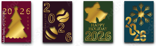 Luxury greeting card set featuring four premium designs with metallic gold accents on sophisticated burgundy, maroon, green, and teal backgrounds celebrating 2026 festivities