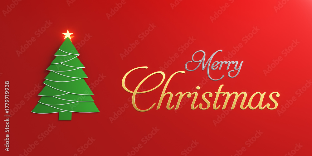 Fototapeta premium Merry Christmas greeting with green tree and glowing star on red background