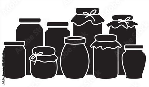 Black and white illustration of kitchen jars for homemade preserves