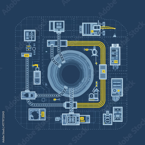 Detailed blueprint of a futuristic industrial machine with a central energy core and yellow wiring on a grid background.