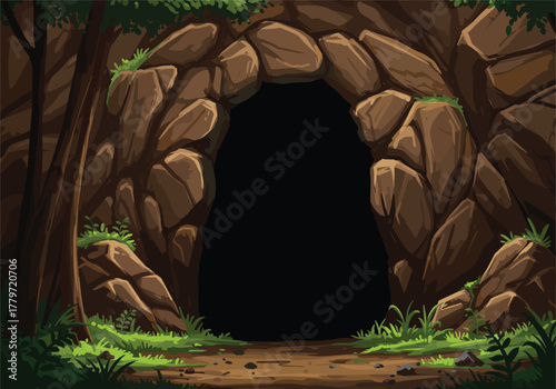 Rocky cave entrance in forest with green plants and trees, natural stone tunnel opening surrounded by grass, soil, and jungle vegetation