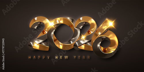 Golden 2026 Happy New Year Celebration Design With Shiny Metallic Numbers And Luxury Light Effects On Dark Background. Elegant Festive Vector Illustration