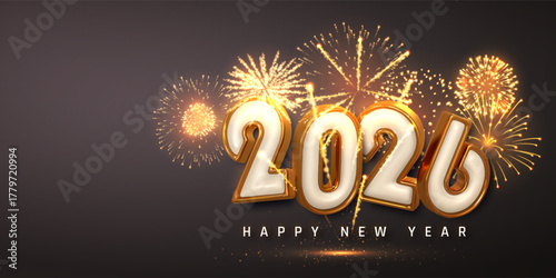 New Year 2026 Celebration With Golden Fireworks And 3D Numbers On Dark Background. Festive Holiday Party Design With Bright Light Effects. Vector Illustration