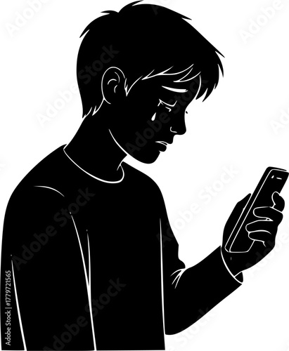 A teenager holds a cell phone and cries because of cyberbullying, with a malicious message notification on the screen. Vector, illustration, icon set
