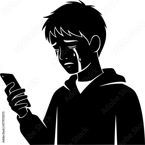 A teenager holds a cell phone and cries because of cyberbullying, with a malicious message notification on the screen. Vector, illustration, icon set
