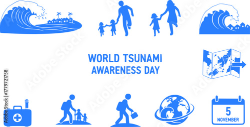 World tsunami awareness day illustration, silhouette of people helping each other during a tsunami
