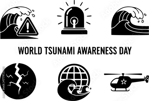 World tsunami awareness day illustration, silhouette of people helping each other during a tsunami
