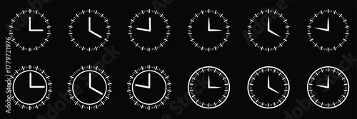 Clock dial watch face vector set. clock silhouette business vector icon bundle. Black clock icon collection with analog faces and clockwise arrows. Flat vector design for time and punctuality themes.