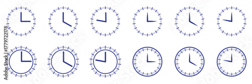 Clock dial watch face vector set. clock silhouette business vector icon bundle. Black clock icon collection with analog faces and clockwise arrows. Flat vector design for time and punctuality themes.
