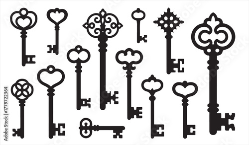 Set of vintage keys in black silhouette vector illustration