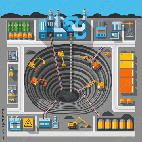 Top-down vector illustration of an open-pit mine, showing excavators, a processing plant, and industrial infrastructure.