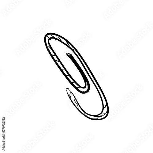 A hand-drawn black and white sketch illustration of a single paperclip office supply icon