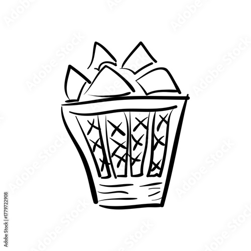 Trash bin icon, featuring a full basket with crumpled paper, waste and junk removal