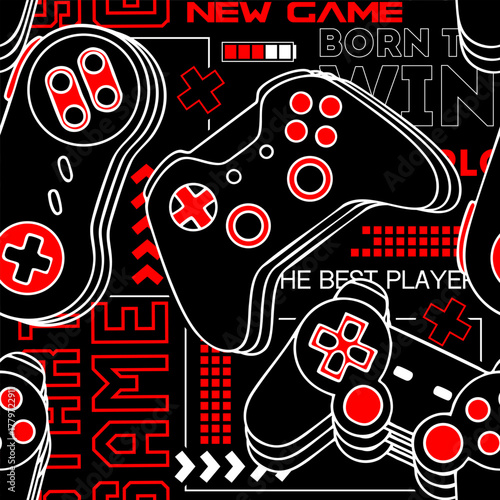 Seamless abstract pattern with joystick Bright red vector Print for boys on black background