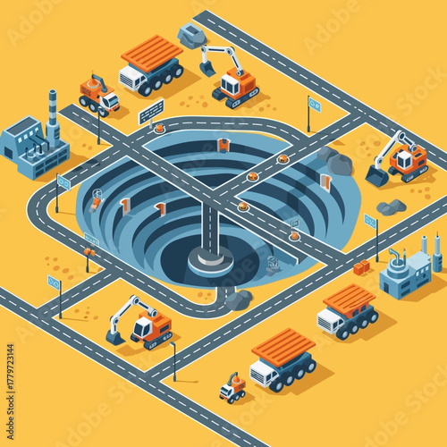 Isometric illustration of an open-pit mine with heavy machinery and infrastructure.