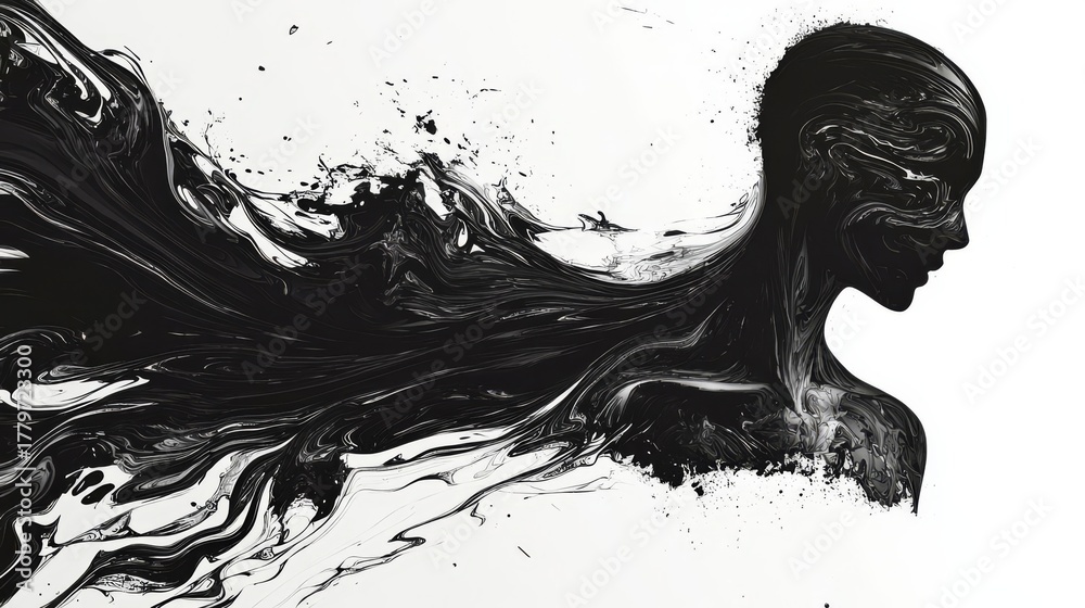 Fototapeta premium A captivating artistic representation of a black silhouette merging with fluid textures, symbolizing emotion and depth.