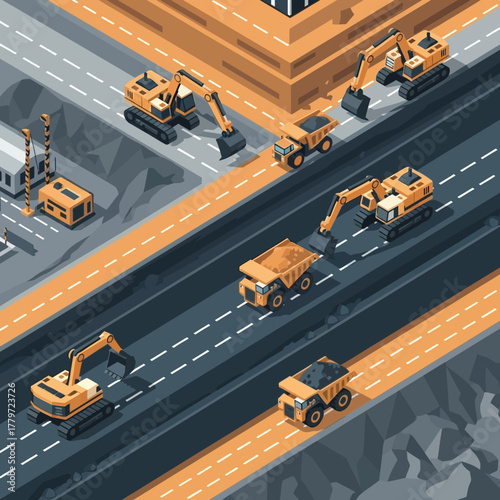 Isometric illustration of a quarry with excavators, dump trucks, and infrastructure.