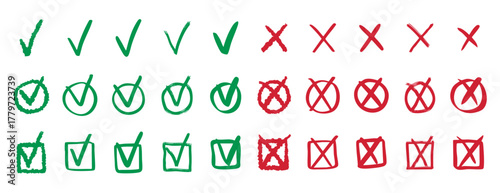 Check marks doodle set vote yes no cross hand drawn icon
