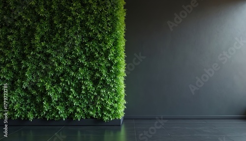 Rich green living wall in modern office interior. Vertical garden with fresh plants on dark grey background. Biophilic design concept for eco friendly workspace, sustainable corporate decor. Natural