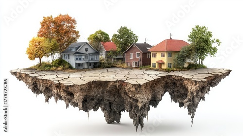 A surreal floating village surrounded by cracked earth and vibrant trees, symbolizing nature and urban life in harmony.