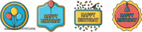 Happy birthday badge vector illustration set colorful outline and silhouette style
