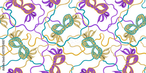 seamless mardi gras carnival mask pattern with ribbons abstract line art colorful festive background masquerade venetian tradition holiday decor