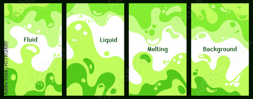 Melting dynamic waves pattern summer covers. Bubble splashes and streams vector templates set. Fluid liquid flowing paint flyers. Wavy surface brochures. Liquid droplets, melting shapes