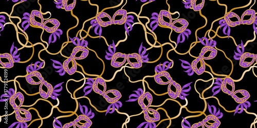 venetian masquerade festive background design with elegant purple and gold party masks on black glamour abstract texture luxury fashion textile print