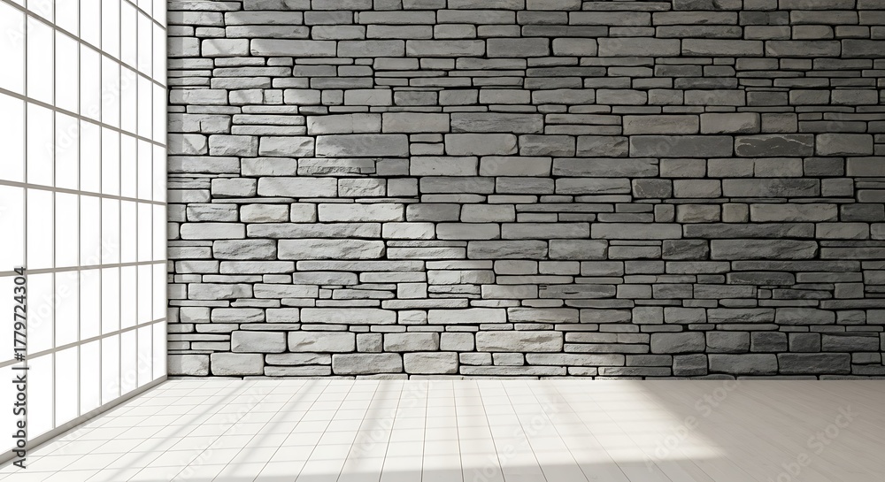 Fototapeta premium Modern interior with a rough stone wall and large window, natural light