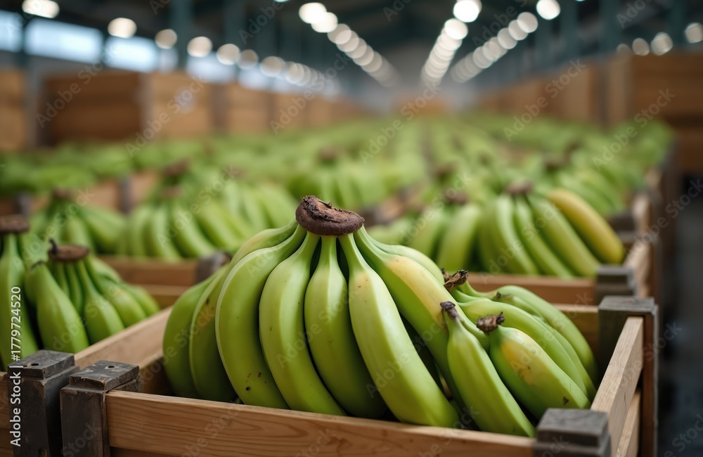 Fototapeta premium Bunches of green unripe bananas packed in wooden boxes at warehouse. Fresh tropical fruit harvest ready for transport, storage. Agricultural food production, supply chain logistics background. Crop
