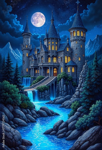 The image shows a fantasy castle located on the banks of a river that flows from the mountains