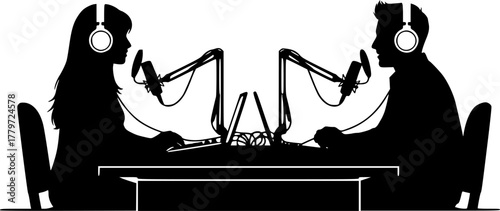 Podcast recording studio with man and woman podcasting concept
