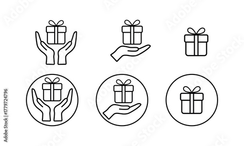 A set of icons depicting hands holding a gift, each icon is isolated. Hands holding a gift badge. Hands holding a gift in a flat and linear style - stock vector image.